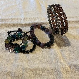 3 bracelets multi colored stones wrap 2 stretch black/purple bead, 3ring purple